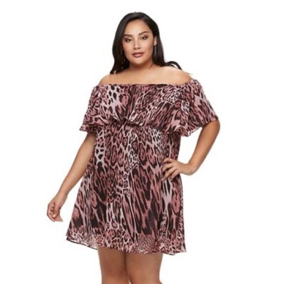 Jennifer Lopez Plus Size 0X Off-the-Shoulder Ruffle Shift Dress Pink Leopard - Picture 1 of 7